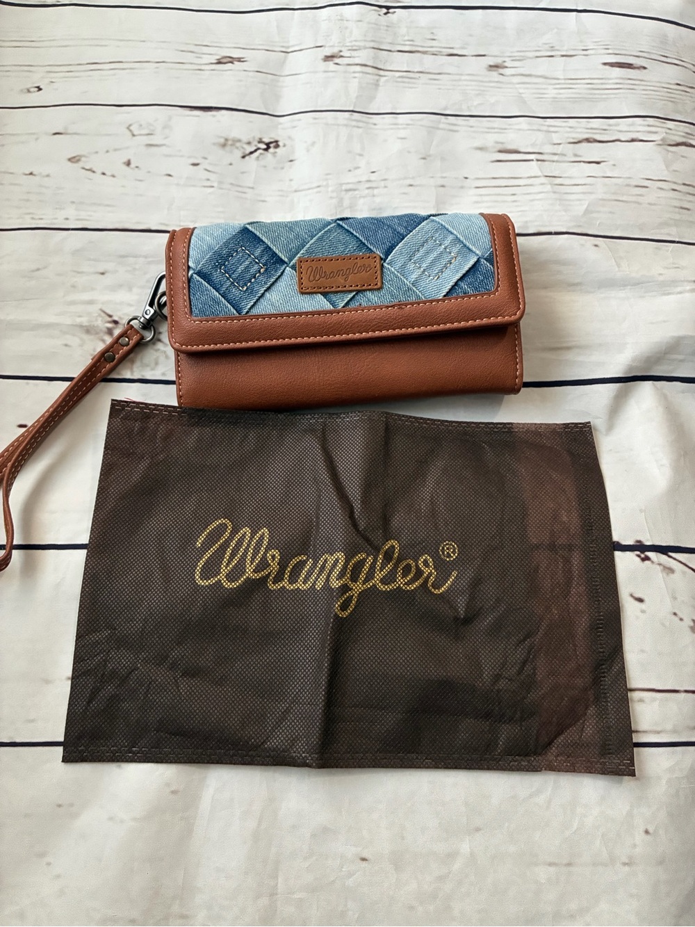 Wrangler denim and brown wristlet